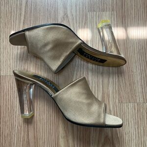 Vintage Stuart Weitzman Satin Gold Lucite Acrylic Block Heel Sandal Mules 7